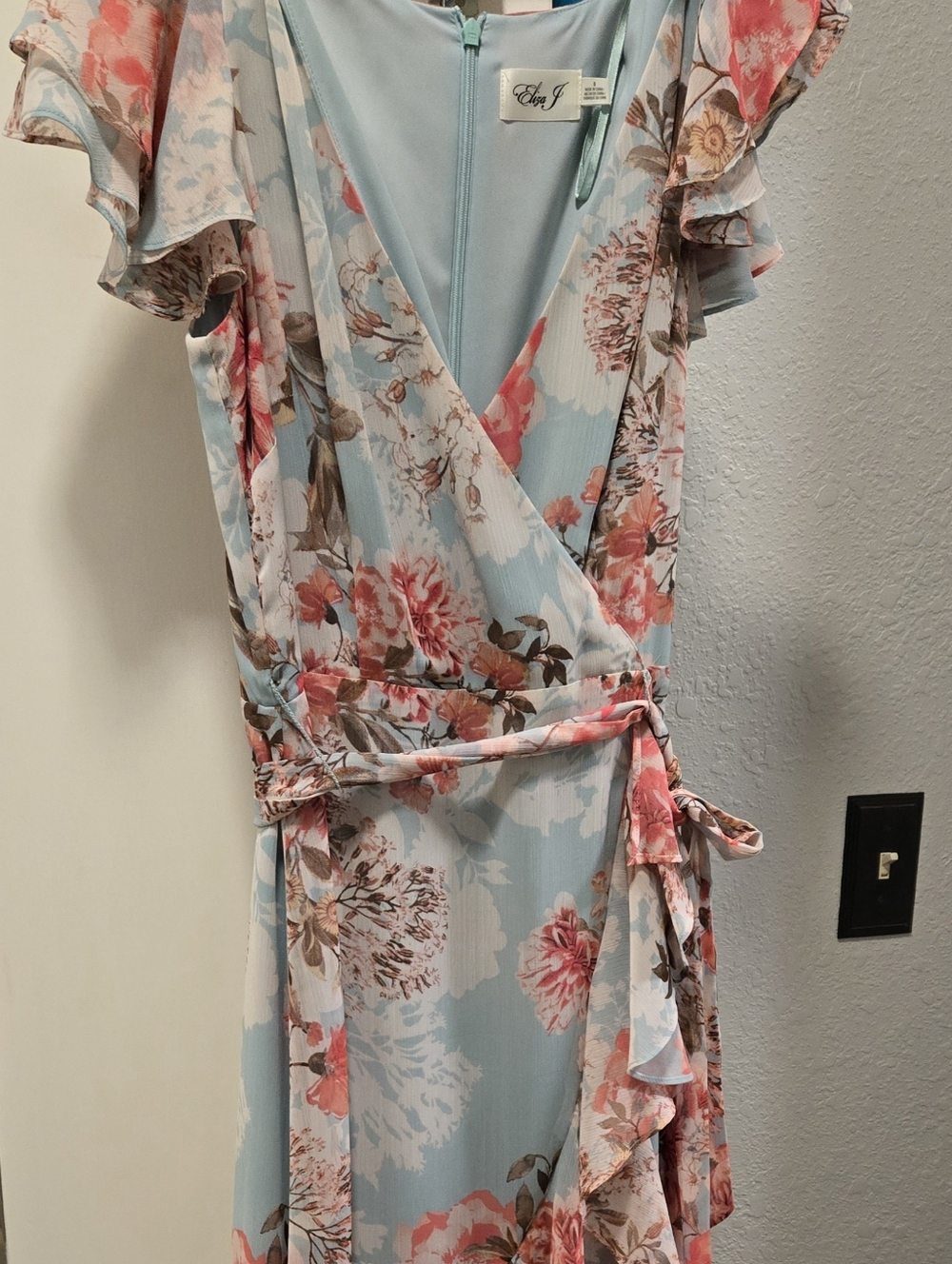 Eliza J Light Blue Floral High-Low Wrap Dress with Coral Blooms
